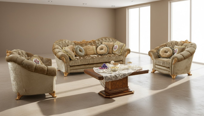 Mobili di lusso Set di divani Divano Barocco Rococò Imbottito 3 + 1 + 1 posti Legno 3 pezzi