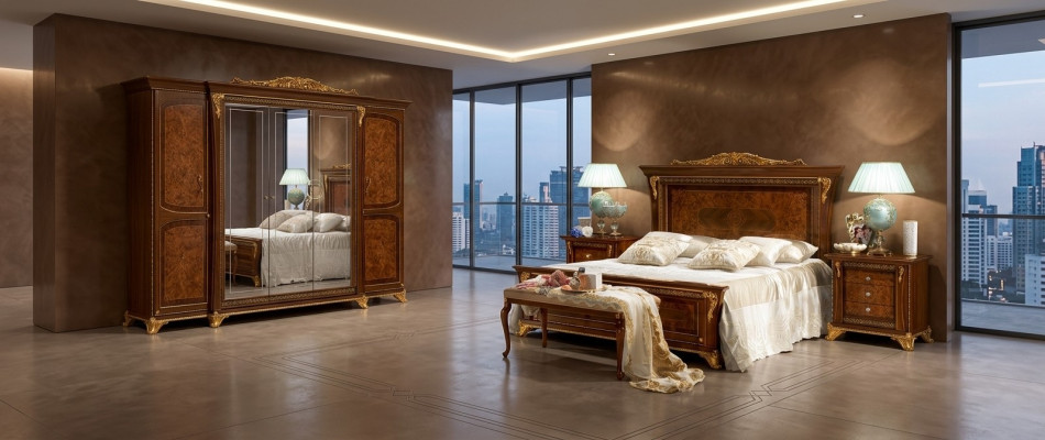 Camera da letto in stile barocco e rococò in legno con letto imbottito di lusso matrimoniale.