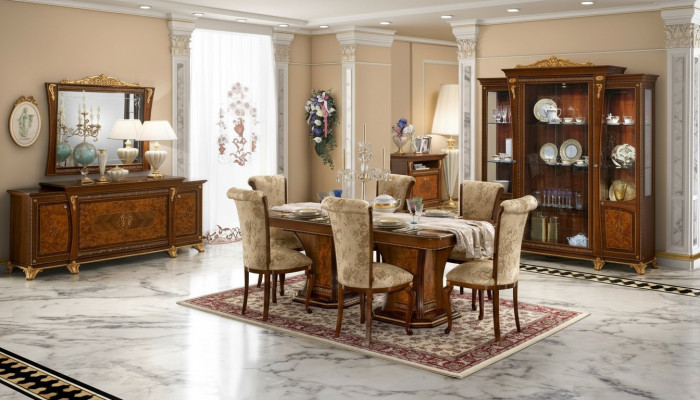 Set da pranzo con vetrina, tavolo, 6 sedie, cassettiera, specchio, stile barocco, nuovo, 10 pezzi.
