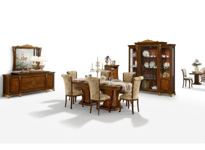 Set da pranzo con vetrina, tavolo, 6 sedie, cassettiera, specchio, stile barocco, nuovo, 10 pezzi.