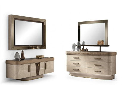 Gruppo di mobili in legno con design di armadio, nuovo set per il soggiorno composto da comò e specchio.