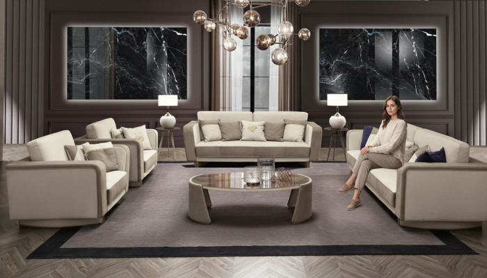 Mobili di lusso Set divano Divano Divano imbottito 3 3 1 1 Sedile Tavolino in legno 5 pezzi.