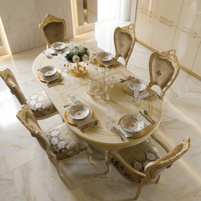 Set da pranzo design in legno con 2 sedie con braccioli e 4 sedie, 7 pezzi.   Set da pranzo design in legno con 2 sedie con braccioli e 4 sedie, 7 pezzi.