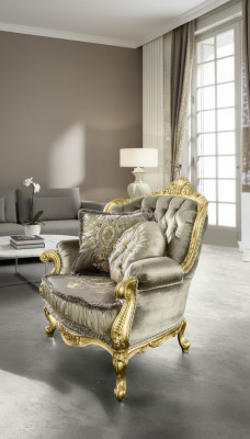 Poltrona Relax in tessuto Lounge Club Imbottita Design Divano Posti a sedere di lusso Oro Nuovo