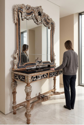Specchio da parete in stile country, consolle, tavolo da trucco con specchio, consolle marrone.