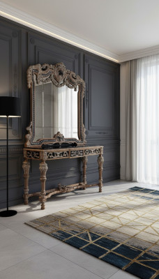 Specchio da parete in stile country, consolle, tavolo da trucco con specchio, consolle marrone.