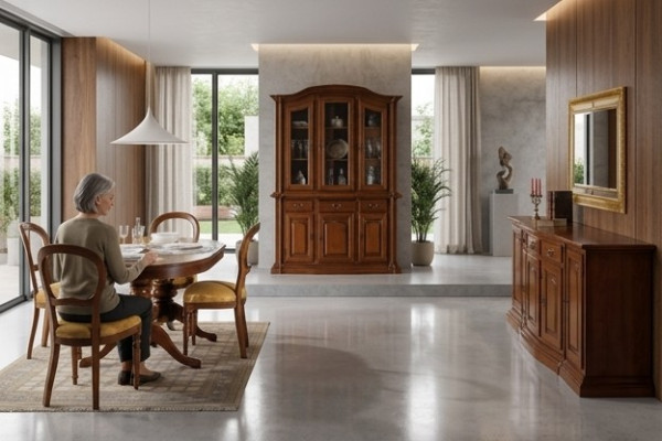 Set da pranzo design 7 pezzi in legno comò 4 sedie tavolo vetrina nuovo  Set da pranzo design 7 pezzi in legno, 4 sedie, tavolo e vetrina nuovi