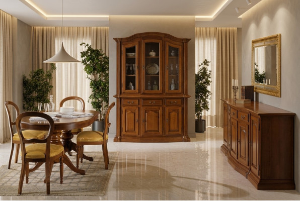 Set da pranzo design 7 pezzi in legno comò 4 sedie tavolo vetrina nuovo  Set da pranzo design 7 pezzi in legno, 4 sedie, tavolo e vetrina nuovi