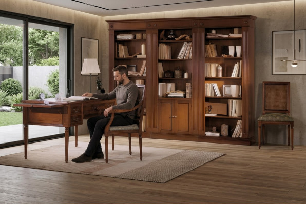 Scrivania e sedia in legno con braccioli Libreria Arredo ufficio Design 3 pezzi
