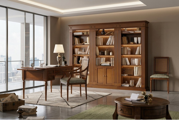 Scrivania e sedia in legno con braccioli Libreria Arredo ufficio Design 3 pezzi
