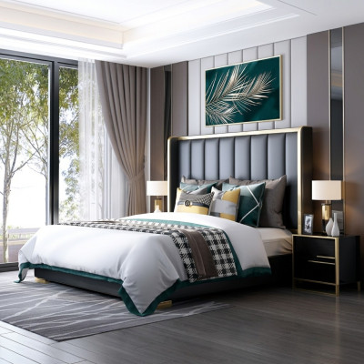 Letto di lusso in camera da letto in pelle italiana Letti matrimoniali in metallo