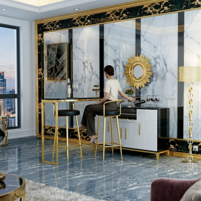 Casa bar in acciaio inossidabile di lusso in vetro, set di 4 pezzi con tavolo da bar, 2 sgabelli da bar e armadio.