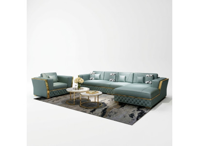 Sistema di sedute angolare a forma di L con pouf e poltrona, set di decorazioni in stile moderno per divano in pelle.