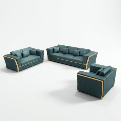 Set completo di divani 3 posti + 2 posti + 1 posto + tavolino da salotto, design per soggiorno.