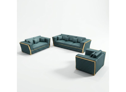 Set completo di divani 3 posti + 2 posti + 1 posto + tavolino da salotto, design per soggiorno.