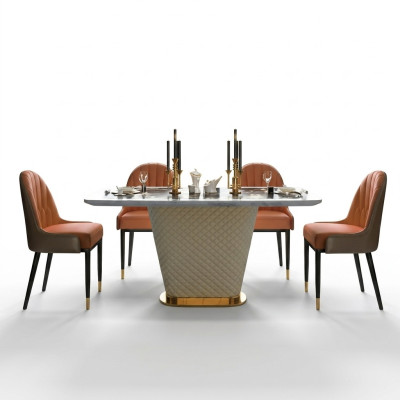 Tavolo da pranzo di lusso in pelle + acciaio inossidabile, marmo, imitazione di pietra, sala da pranzo