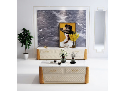 Mobili porta TV Lowboard RTV XL Armadio Tavolino in Imitazione Marmo 2 pezzi