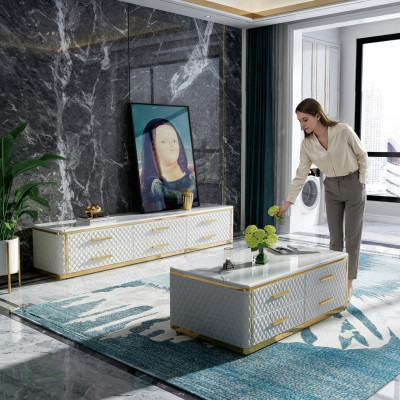 Mobili in acciaio inossidabile con lato in pelle e tavolini in marmo finto, dimensioni 200x40cm.
