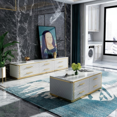 Mobili in acciaio inossidabile con lato in pelle e tavolini in marmo finto, dimensioni 200x40cm.