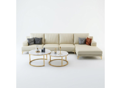 Garnitura divano design angolare con pouf imbottito.