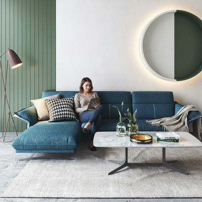 Tessuto divano a L forma, salotto per soggiorno, set divano angolare design moderno, divano blu nuovo.