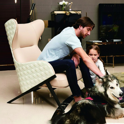 Poltrona Design Divano Sofa Posti di Seduta di Lusso Beige Nuovo Relax Pelle Lounge Club Imbottito