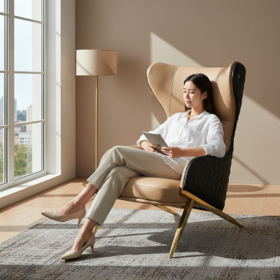 Poltrona Relax in Pelle Lounge Club Imbottita Design Divano Sofà Posti Lusso Beige Nuovo