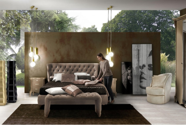 Set da camera da letto di lusso 4 pezzi. Letto + 2 comodini + sgabello, letti di design moderno in legno massiccio