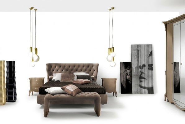 Set da camera da letto di lusso 4 pezzi. Letto + 2 comodini + sgabello, letti di design moderno in legno massiccio