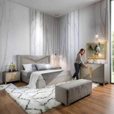 Set da camera da letto di lusso con design, letto, 2 comodini, cassettiera, set di decorazioni.