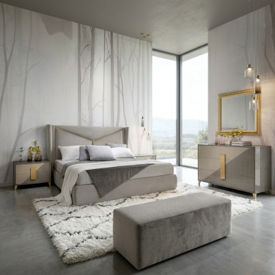Set da camera da letto di lusso con design, letto, 2 comodini, cassettiera, set di decorazioni.