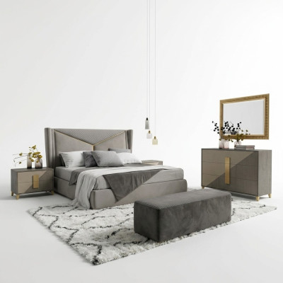 Set da camera da letto di lusso con design, letto, 2 comodini, cassettiera, set di decorazioni.