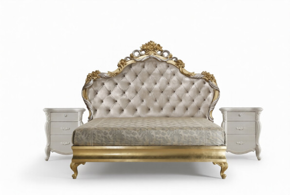 Splendido letto in stile classico con testiera intagliata.