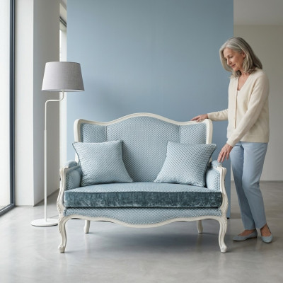 Tessuto divano in stile sofisticato, design elegante designer a 2 posti, arredamento classico.