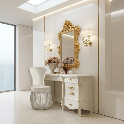 Classico tavolo da trucco con specchio, console di lusso, comò, camera da letto barocco.