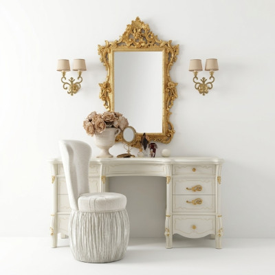 Classico tavolo da trucco con specchio, console di lusso, comò, camera da letto barocco.