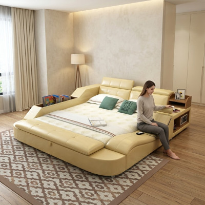 Letto multifunzionale di lusso in pelle design doppio letto a scaffale decorativo 180x200cm
