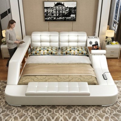 Letto multifunzione scaffale armadio stazione di ricarica USB decorativa letti doppi in pelle