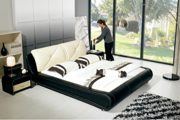 Letto in pelle imbottito di lusso design doppio in legno per hotel camera da letto.