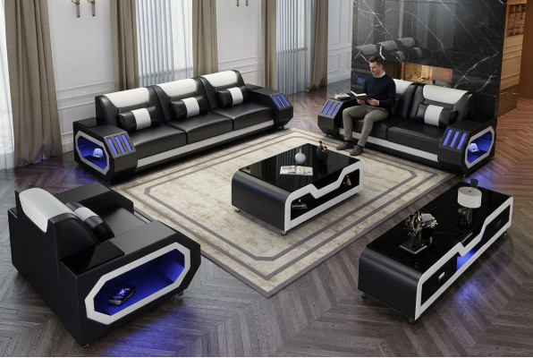 Set di divani 3+2+1, tavolino da salotto, vetrina. Design moderno.