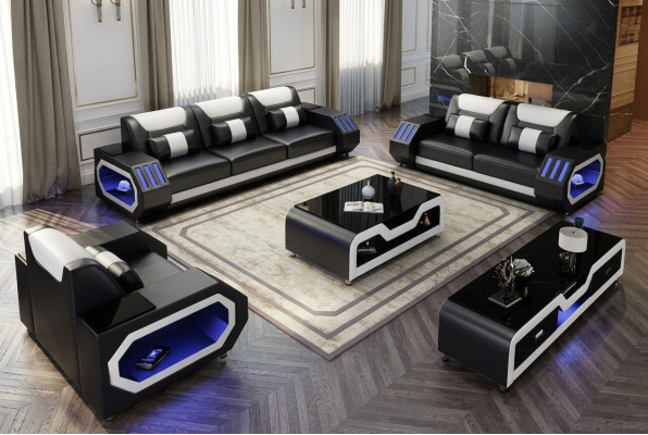 Set di divani 3+2+1, tavolino da salotto, vetrina. Design moderno.