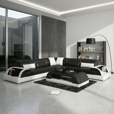Divano ad angolo a L + Tavolino Salotto Divano Design Grigio Imbottito in Pelle