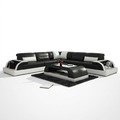 Divano ad angolo a L + Tavolino Salotto Divano Design Grigio Imbottito in Pelle