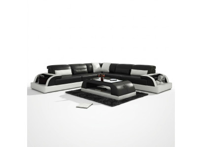 Divano ad angolo a L + Tavolino Salotto Divano Design Grigio Imbottito in Pelle