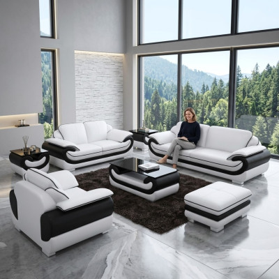 Divano 3 posti + 2 posti + 1 posto, 2 tavolini da salotto, credenza, pouf, set soggiorno 7 pezzi.
