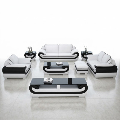 Divano 3 posti + 2 posti + 1 posto, 2 tavolini da salotto, credenza, pouf, set soggiorno 7 pezzi.