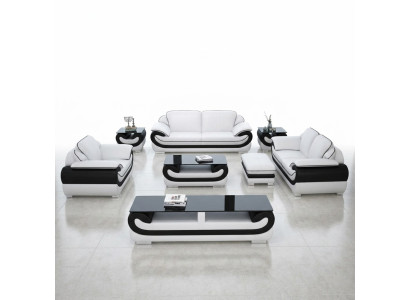 Divano 3 posti + 2 posti + 1 posto, 2 tavolini da salotto, credenza, pouf, set soggiorno 7 pezzi.