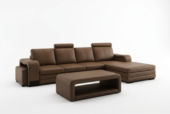 Divano angolare, set divano 3 pezzi, tavolino, pouf, set in pelle di divani.