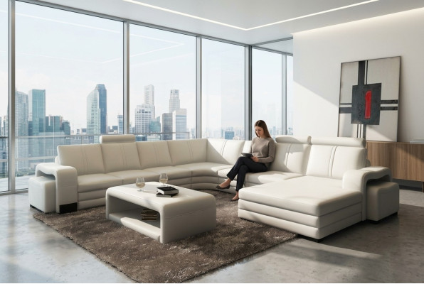 Divano angolare a U + 2 pouf + tavolino da salotto Design divano grigio imbottito in pelle.