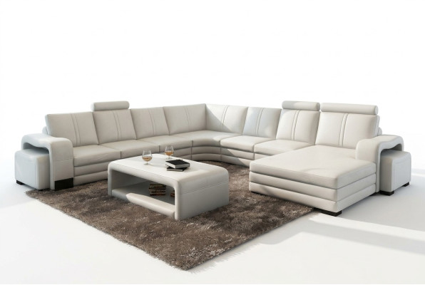 Divano angolare a U + 2 pouf + tavolino da salotto Design divano grigio imbottito in pelle.